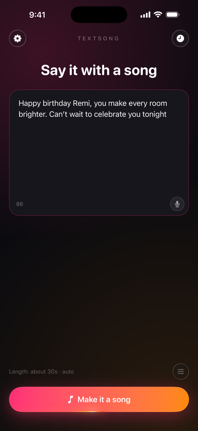 TextSong home screen with a birthday message typed in and a Make it a song button