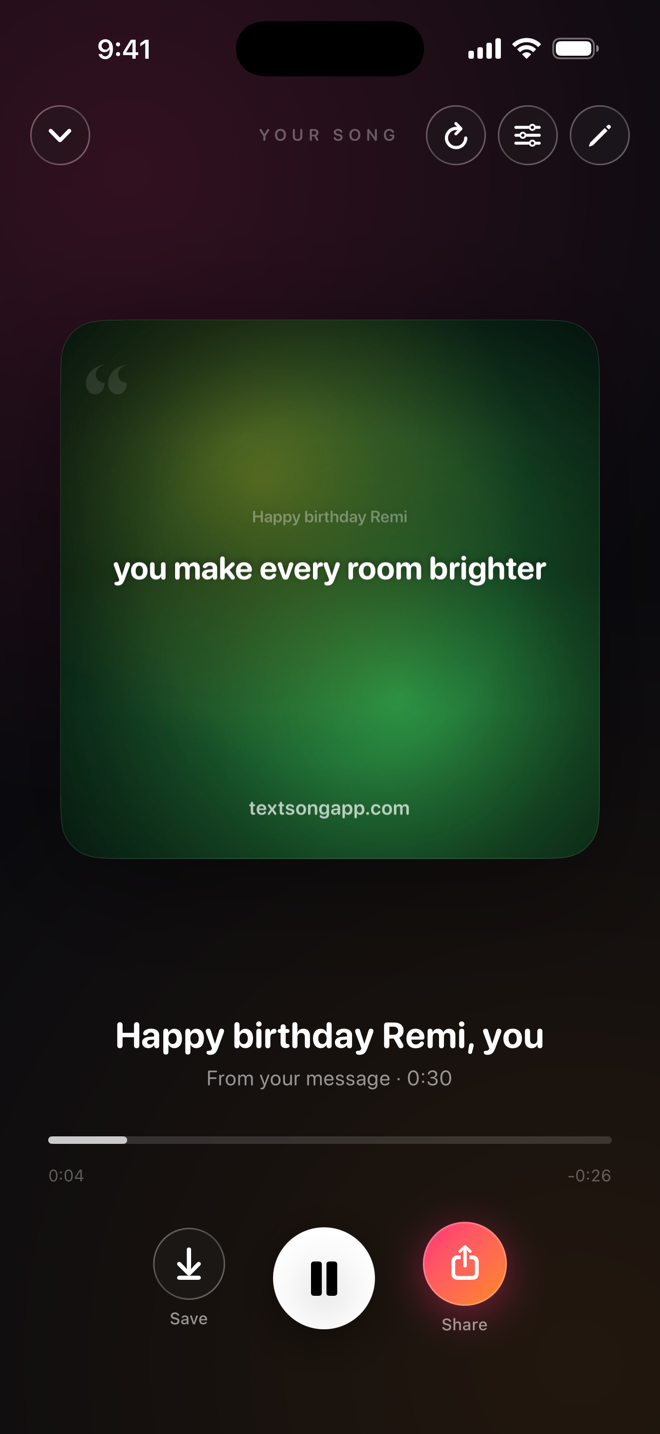 TextSong player showing the lyric card for the finished song